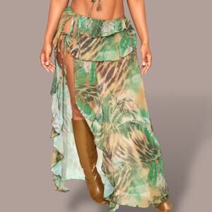 PrettyLittleThing Shape Green Woven Printed Tie Side Ruffle Maxi swim cover–14